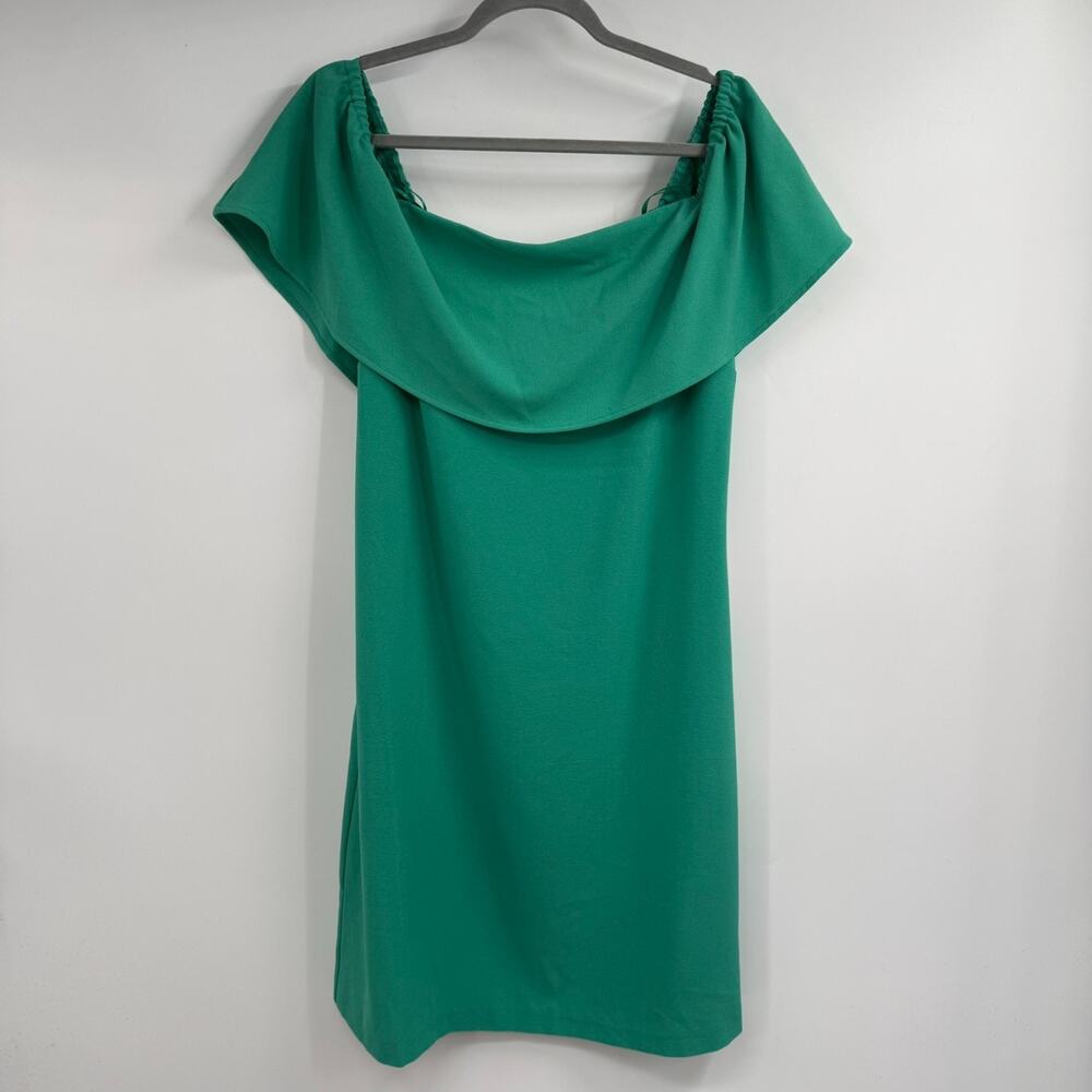NWT Charles Henry Off Shoulder Ruffle Shift Dress Women L Atlantis Green Stretch